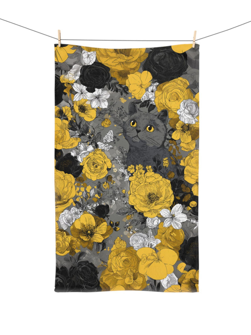 Grey Cat Hand Towel Yellow Flowers Soft Kitchen Towel Bathroom Decor Gift Idea Home Decors House Warming Present house warming flower