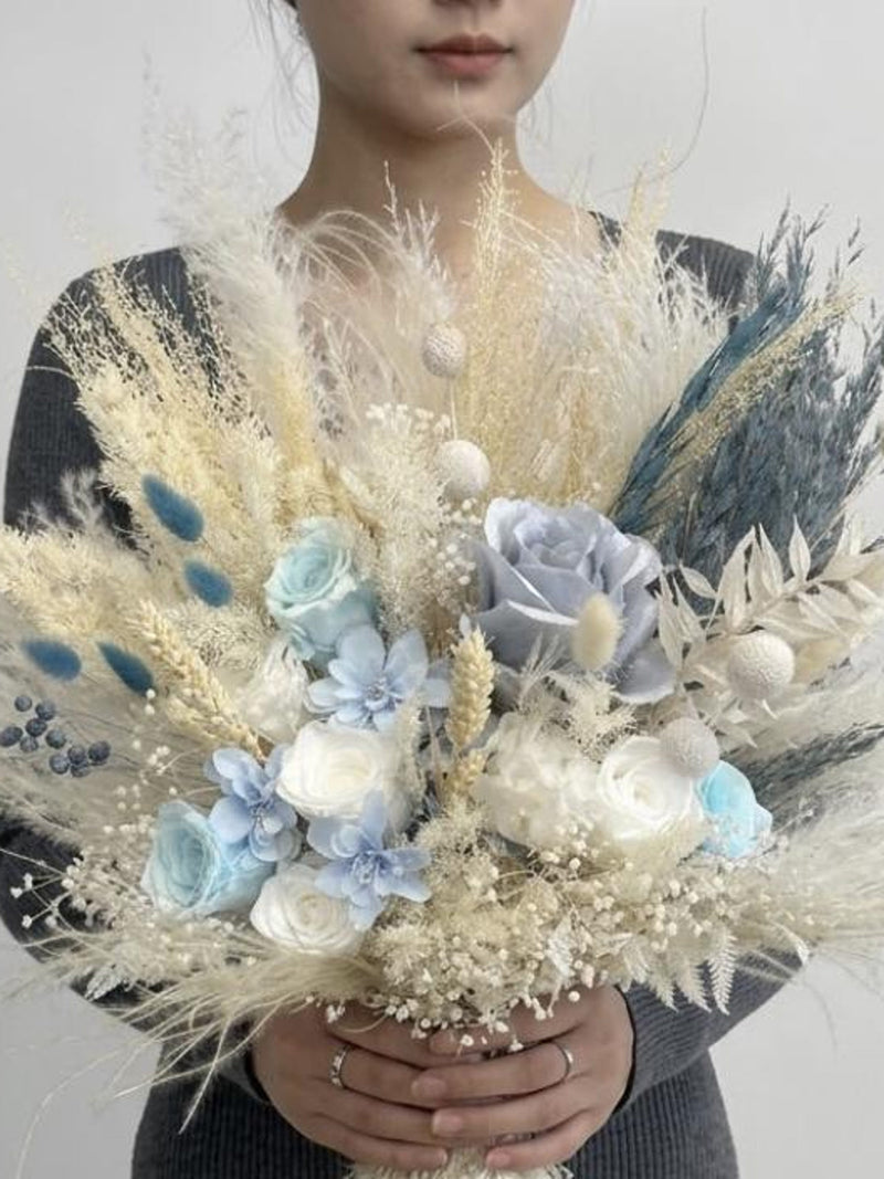 Dusty Blue Rustic Bridal Bouquet, White Preseved Blue Rose Wedding Flowers FLOWER DELIVERY