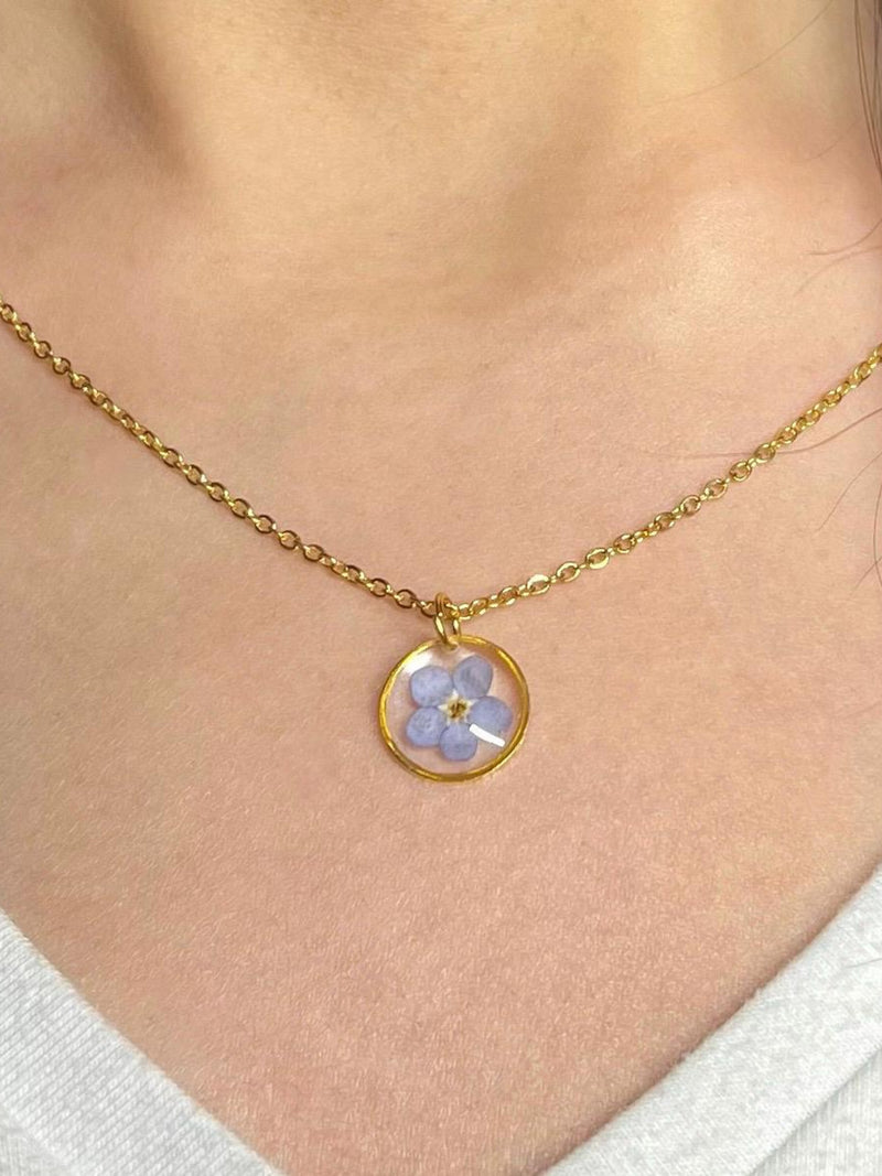 Real Pressed Forget Me Not Resin Necklace, Gold/Silver Stainless Steel Chain sympathy flower