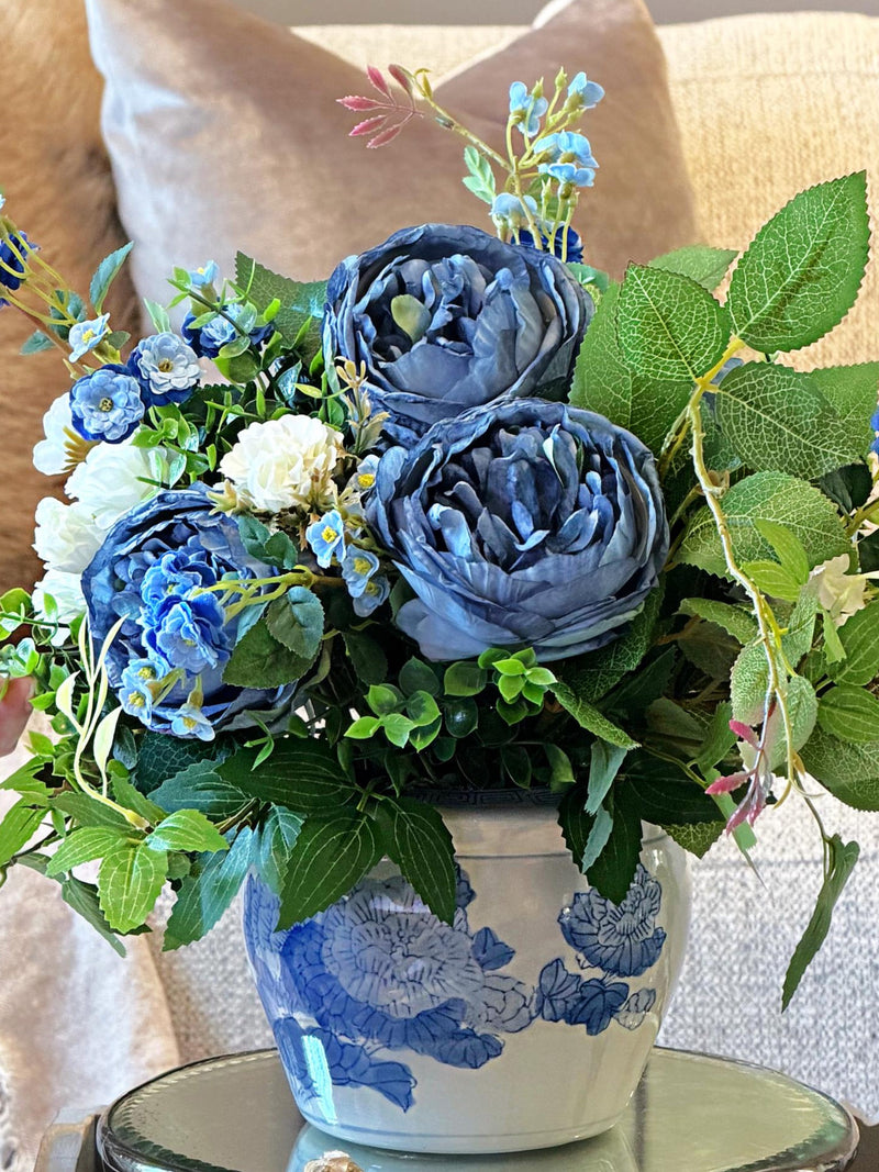 French inspired arrangement of blue peonies, wild roses, vintage blue and white porcelain vase, Faux silk flowers centerpiece, artificial silk flower