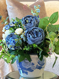 French inspired arrangement of blue peonies, wild roses, vintage blue and white porcelain vase, Faux silk flowers centerpiece, artificial silk flower