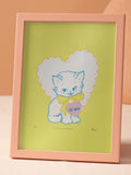 Handmade Silkscreen Cat Print | Kitsch Art Decoration, Desk or Wall Love Romance Flower