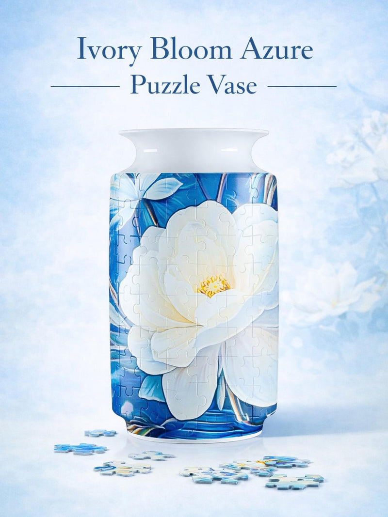 3D puzzle vase with blue floral pattern and white ivory flower design
