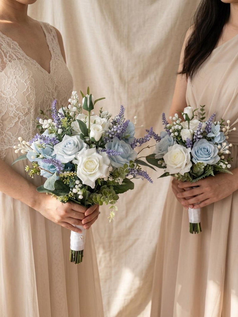 Blue and White Rose Lavender Bridal Artificial Bouquet: Boho Purple Light Blue Eucalyptus Wedding wedding flower