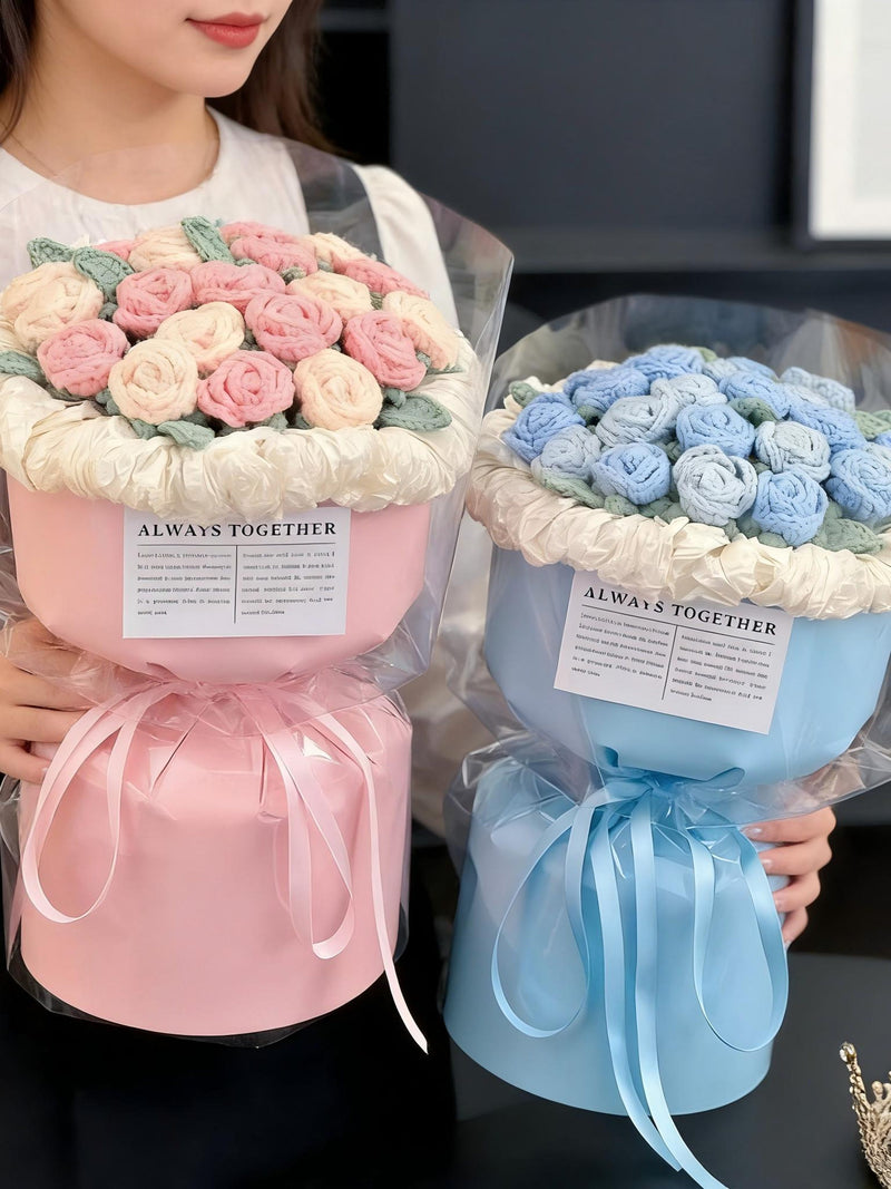 Hand-Crocheted Rose Bouquet, Pastel Yarn Flowers, Eternal Keepsake Home Decor Bouquet
