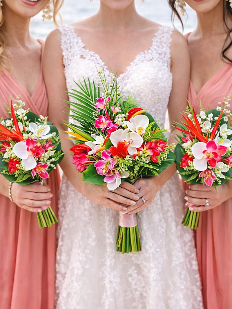 Tropical Wedding Bouquet Set, Coral Pink Bridal, Bridesmaid Flowers, Destination Beach Wedding Arch Package silk flower