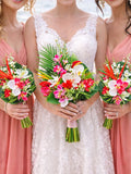 Tropical Wedding Bouquet Set, Coral Pink Bridal, Bridesmaid Flowers, Destination Beach Wedding Arch Package silk flower