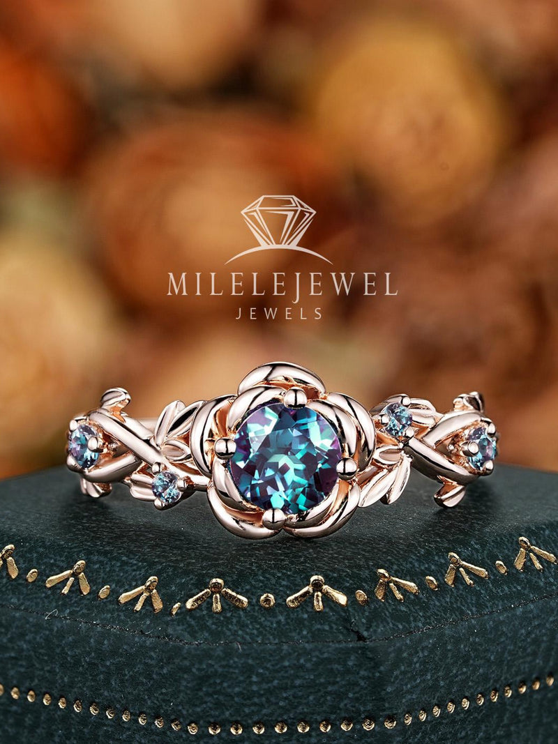 Round Shape Alexandrite Rose Flower Engagement Ring:  14K 18K Rose Gold Floral Promise Silver Twig Branch Leaf Anniversary June Birthstone ANNIVERSARY