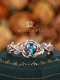 Round Shape Alexandrite Rose Flower Engagement Ring:  14K 18K Rose Gold Floral Promise Silver Twig Branch Leaf Anniversary June Birthstone ANNIVERSARY