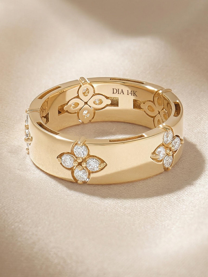 14k Solid Gold Lab Diamond Wedding Band for Women | Thick Cross Eternity Anniversary Ring | Clover Flower Gold Jewelry ANNIVERSARY