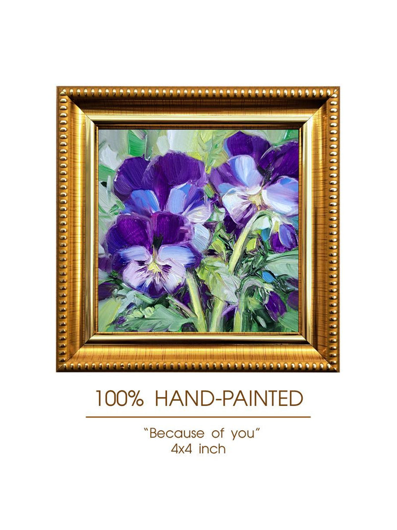 Pansy Small art framed Blue flowers oil painting original art 4x4, Floral artwork miniature paintings Romance gift for women Love Romance Flower