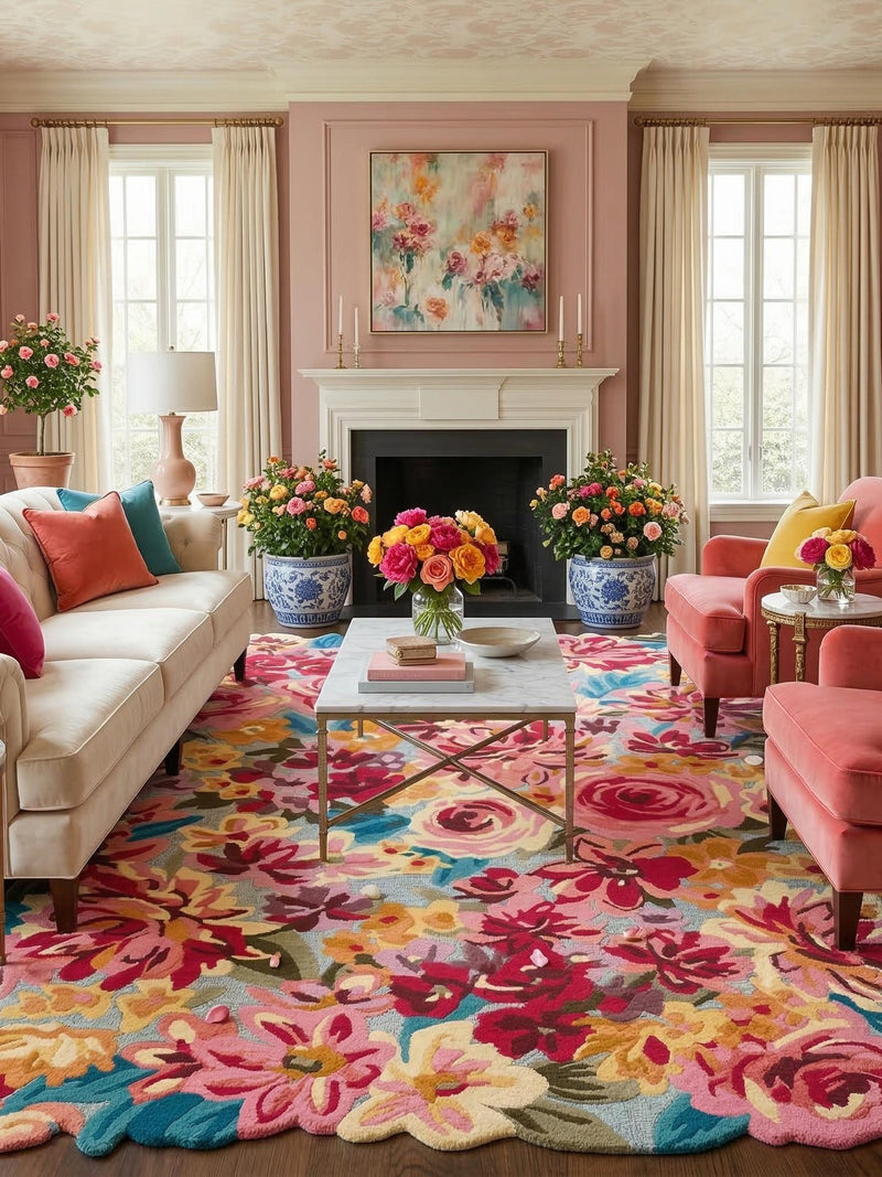 Hand Tufted Wool & Silk Area Rug, Colorful Botanical Floral Carpet, Boho Living Room Decor house warming flower