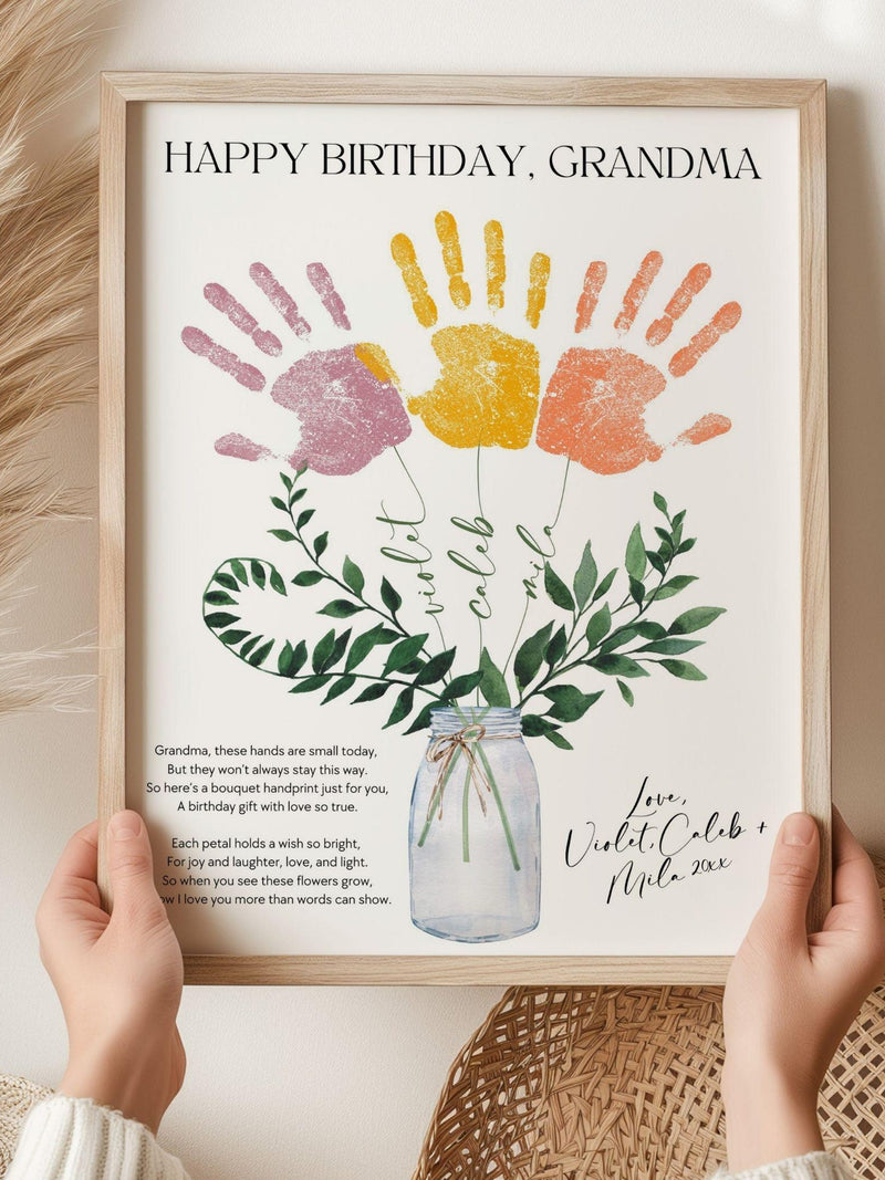 Personalized Grandma Handprint Flower Gift, Nana Hand Print Poem, Custom Name Flower Bouquet, Gigi Gift from Grandkids, Birthday Art Craft birthday flower