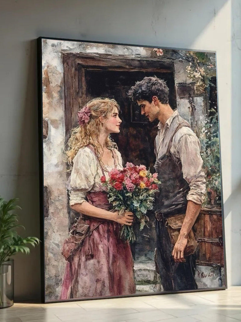Romantic Vintage Couple Canvas, Flower Bouquet Art, Rustic Love Scene Canvas Wall Decor, Nostalgic Home Decoration, Gift Idea Artwork Love Romance Flower