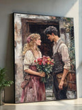 Romantic Vintage Couple Canvas, Flower Bouquet Art, Rustic Love Scene Canvas Wall Decor, Nostalgic Home Decoration, Gift Idea Artwork Love Romance Flower
