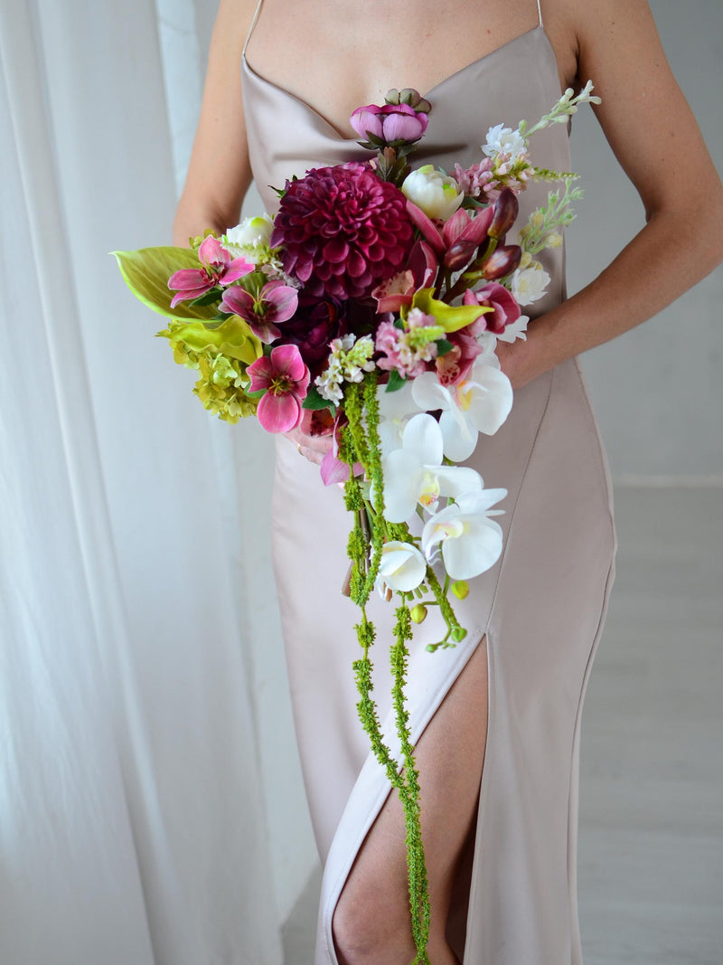 Cascading Burgundy Orchid Wedding Bouquet, Romantic Bridal Flowers (14x16 inches) wedding flower