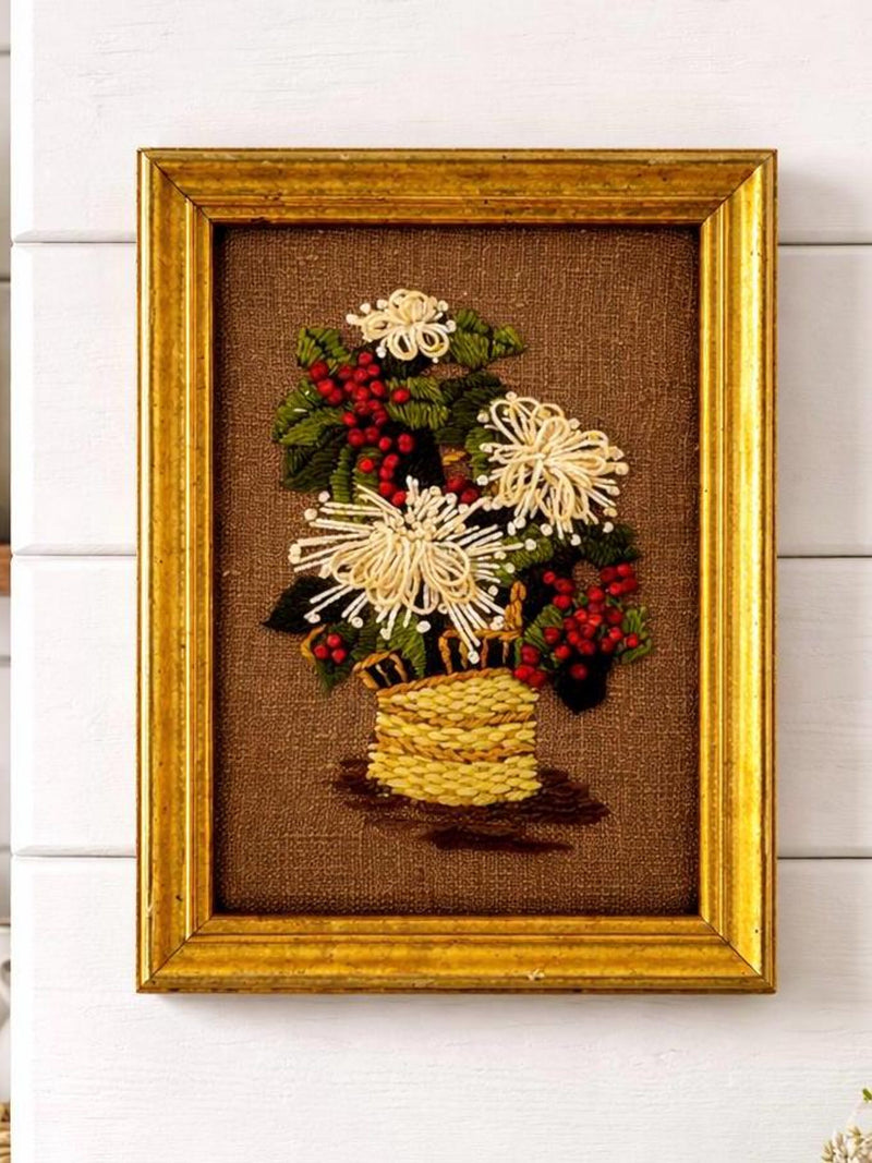 Vintage Crewel Embroidery Floral Wall Art Ð Framed Needlepoint Flowers house warming flower