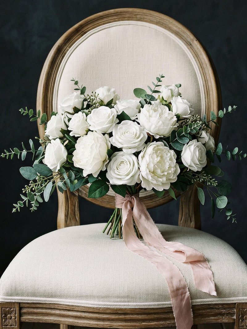 White Rose Bridal Bouquet, Artificial Greenery Wedding Flowers, Silk Bridesmaid Bouquet Bouquet