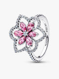 S925 Sterling Silver Pandora CZ PavŽ Sparkling Pink Double Flower Cocktail Ring Silver Ring ANNIVERSARY