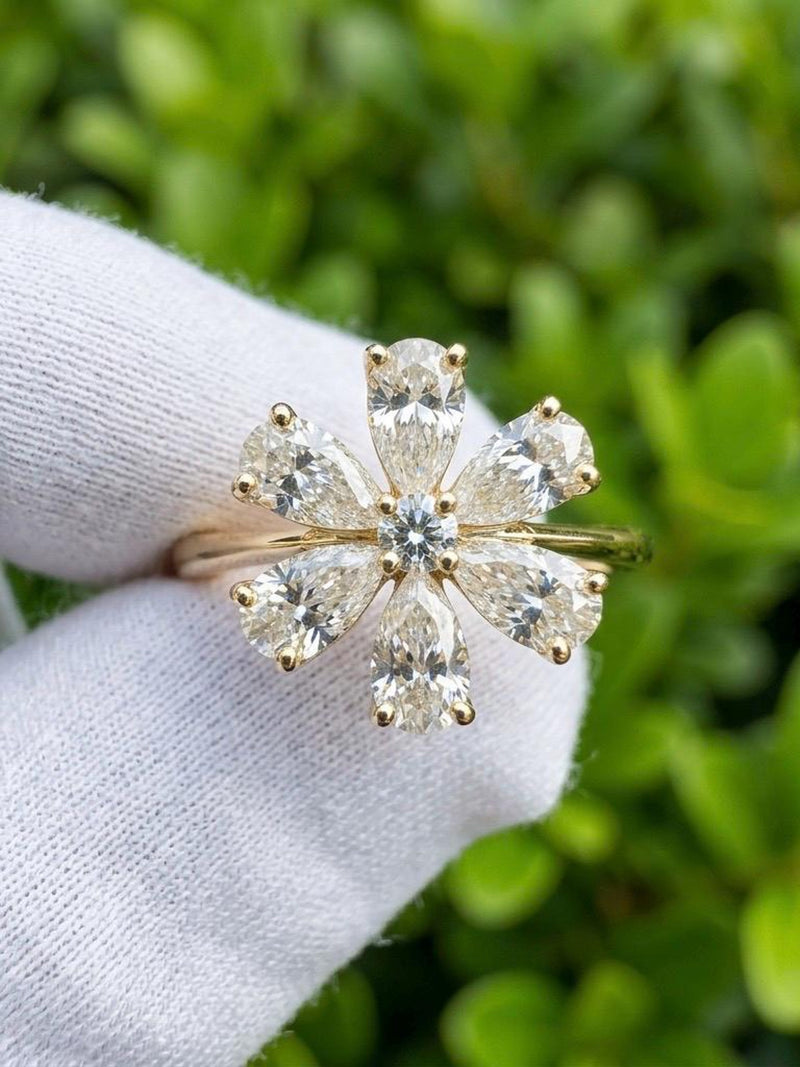 2 TCW Lab Grown Diamond Flower Engagement Ring in 14k Yellow Gold - Unique Pear Cut Diamond Petal Ring - Vintage Inspired Cluster Ring ANNIVERSARY