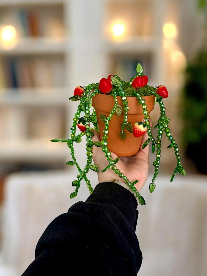 Handmade Beaded Strawberry Plant | Faux Trailing Greenery, Cottagecore Decor faux plants