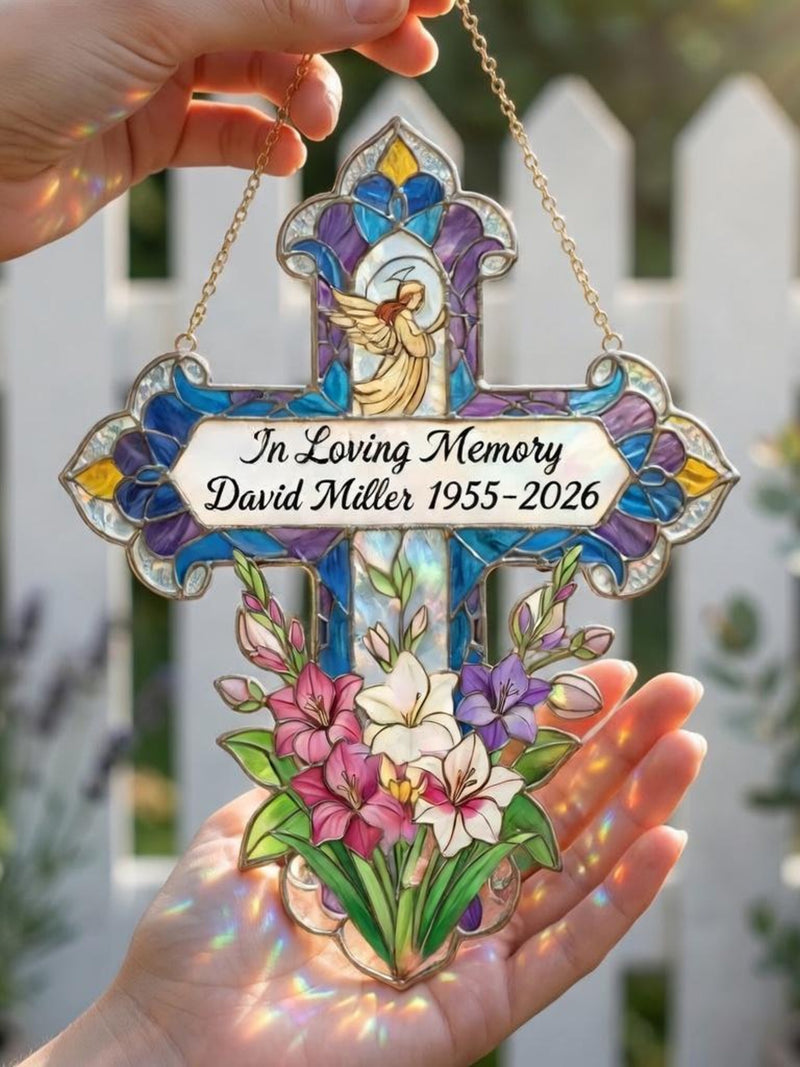 Stained Glass Cross with Pink Gladiolus: Custom Memorial Cross Flowers Suncatcher, Christian Sympathy Gift, sympathy flower