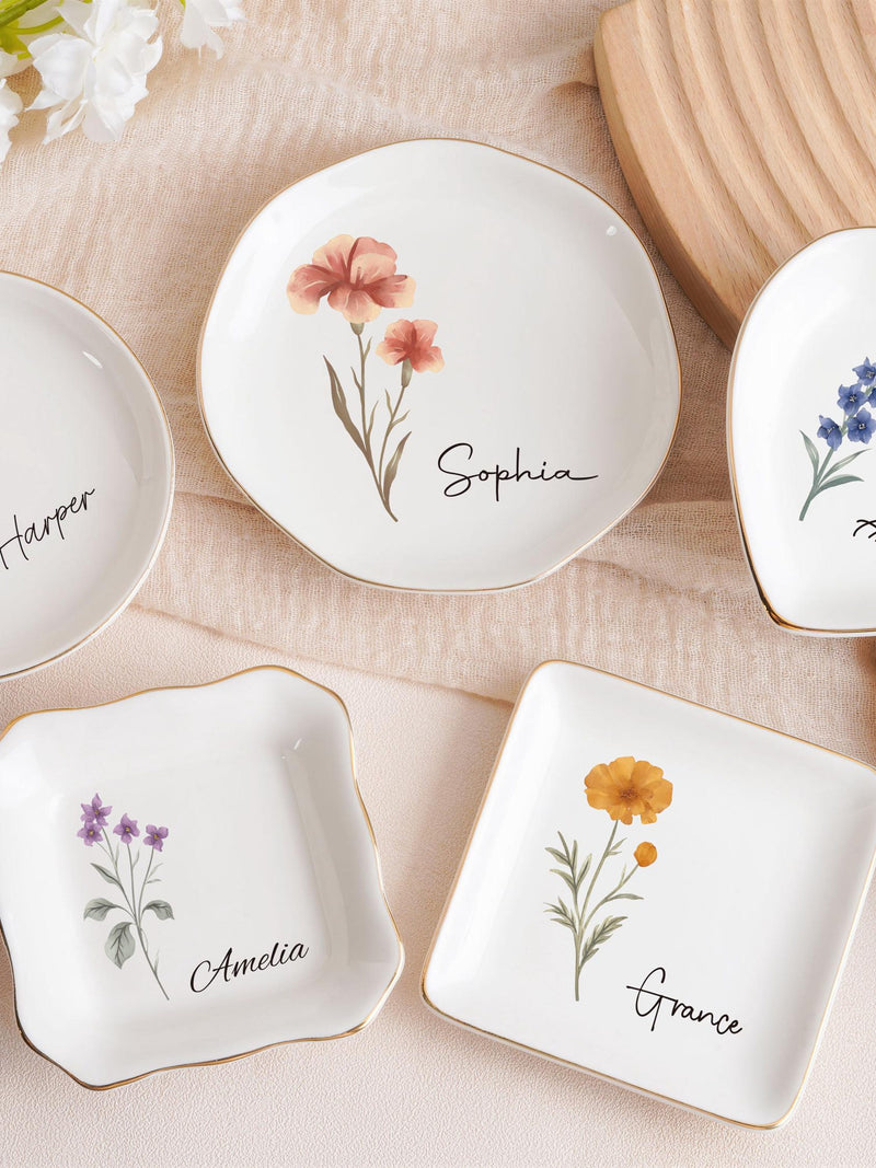 Personalized Jewelry Dish,Birth Watercolor Flower Ring Dish,Bridesmaid Gifts,Birth Month Trinket Dish,bridesmaid proposal,Gift for mom birthday flower