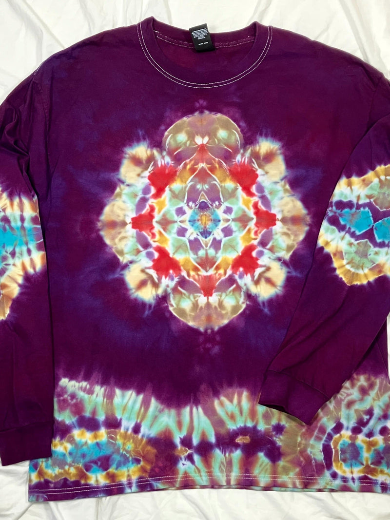 Hand-Dyed XL Mandala in Dark Purple Raspberry, Long Sleeve unisex, Tie-Dye Original flower spore