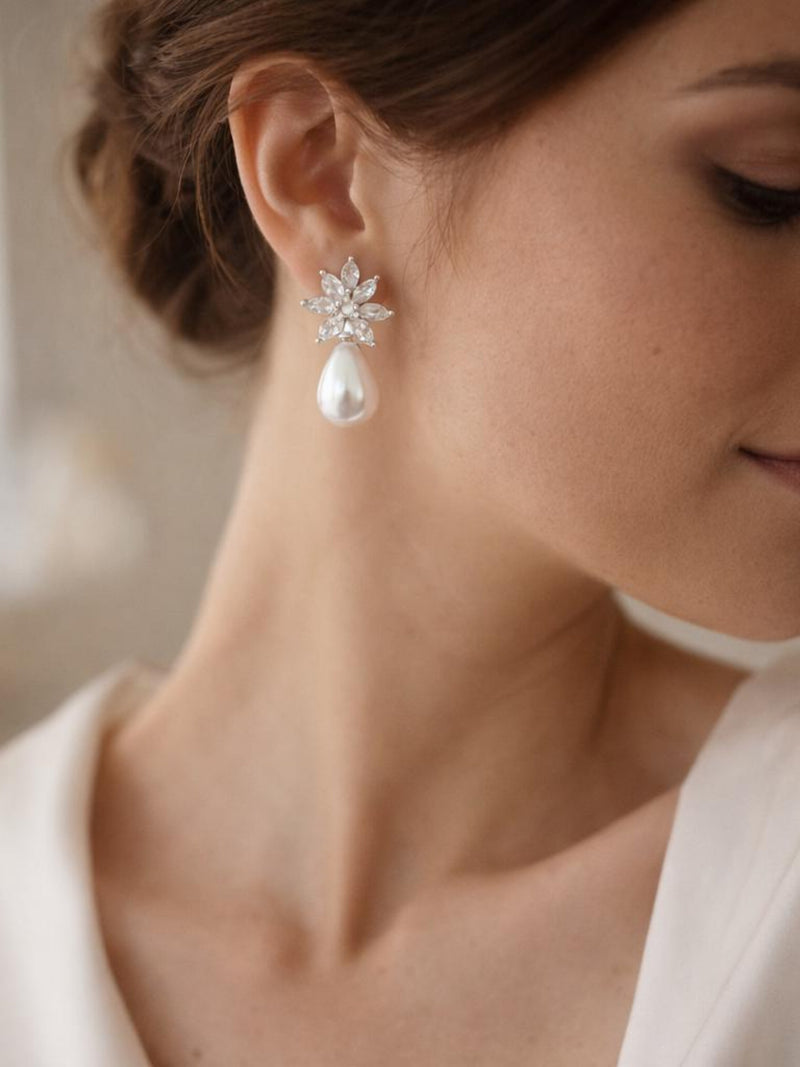 Pearl Drop Bridal Earrings Crystal Flower Wedding Jewellery Gift for Bride Wife Girlfriend Anniversary ANNIVERSARY