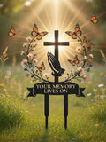 Personalized Your Memory Lives On Metal Garden Stake, Memorial Cross with Butterfly and Flowers, Cemetery Grave Marker sympathy flower