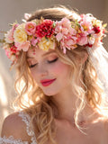 Pastel Boho Flower Crown with Veil, Romantic Wedding Floral Headpiece wedding flower