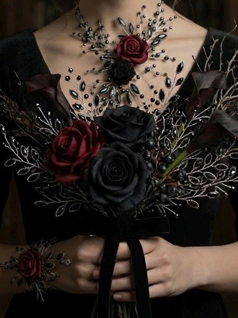 Gothic Bridal Bouquet Black Maroon Dark Roses Calla Lily Bouquet