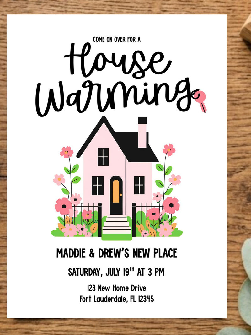 Housewarming Invitation, New House Party, Pink Floral Minimalist Canva Template, Welcome Home, New Home house warming flower