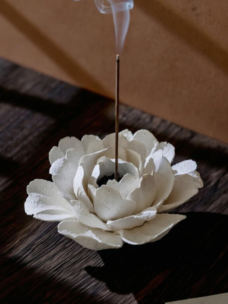 Handmade Cream White Ceramic Flower Incense Holder | Vintage Wabi-Sabi Pottery Decor | Petal Design Art house warming flower