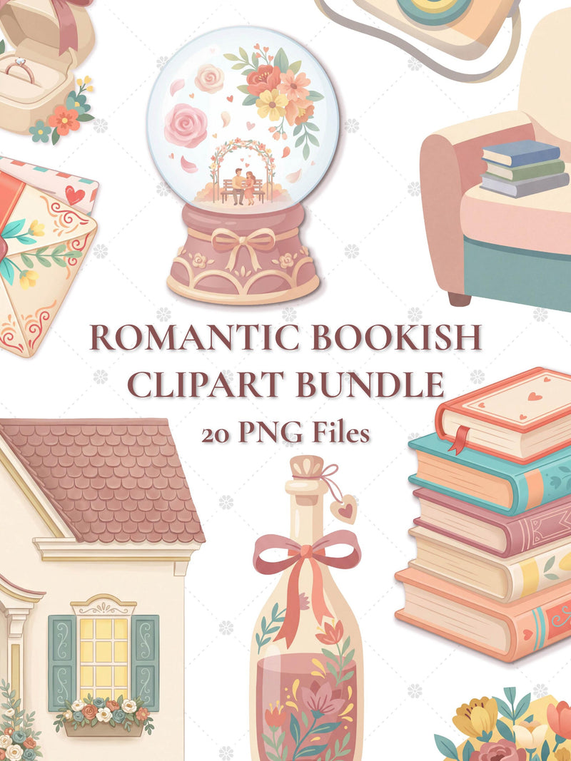 Romantic Pastel PNG Bundle, Floral Bookish Clipart, Love Theme Graphics, Wedding Invitation Elements Love Romance Flower