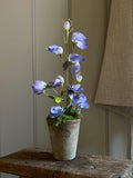Faux Mauve Sweet Peas In Aged Terracotta Pot With Faux Moss. faux plants