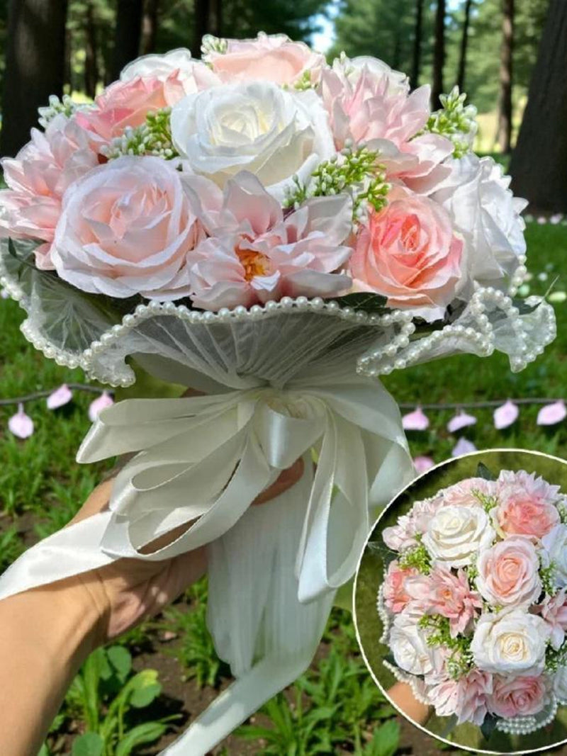 Wedding Bouquet Babys Breath Roses, Bridal Bouquet Silk Flowers, Bridesmaid Bouquet Pearl Lace, Romantic Wedding Flowers, Bridal Shower Gift silk flower