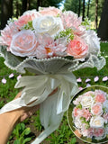 Wedding Bouquet Babys Breath Roses, Bridal Bouquet Silk Flowers, Bridesmaid Bouquet Pearl Lace, Romantic Wedding Flowers, Bridal Shower Gift silk flower