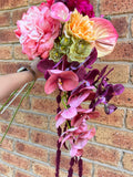 Vibrabt pink fuchsia burgundy cascading silk flower bouquet, calla lilies, hydrangeas, rose, anthurium, Amaranthus, dahlia, stock flower silk flower