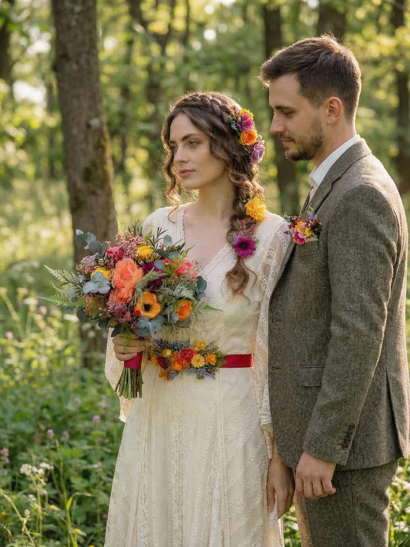 Frida Bridal Bouquet Set Ð Colorful Boho Wedding Flowers, Bridesmaid Bouquets, Boutonniere, Floral Belt wedding flower