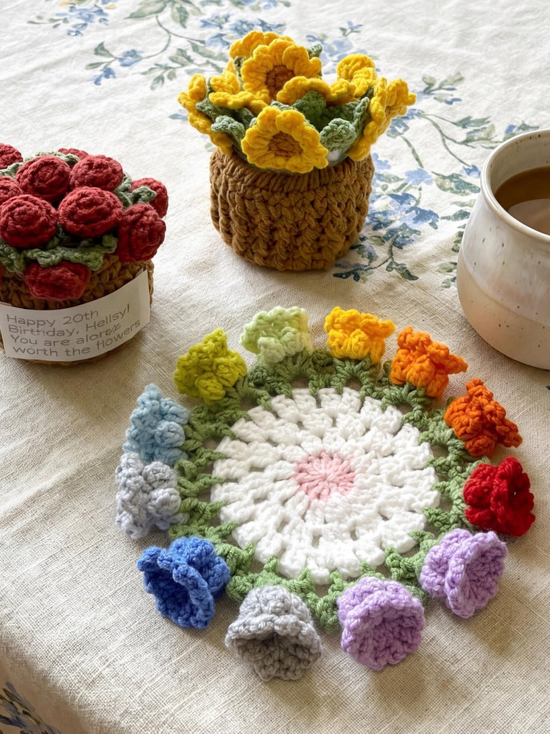 Handmade Crochet Flower Coasters with Cart Basket Holder Floral Set Sunflower Lily of the Valley Rose Home Decor Gift House Warming Cup Mug house warming flower
