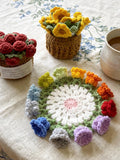 Handmade Crochet Flower Coasters with Cart Basket Holder Floral Set Sunflower Lily of the Valley Rose Home Decor Gift House Warming Cup Mug house warming flower