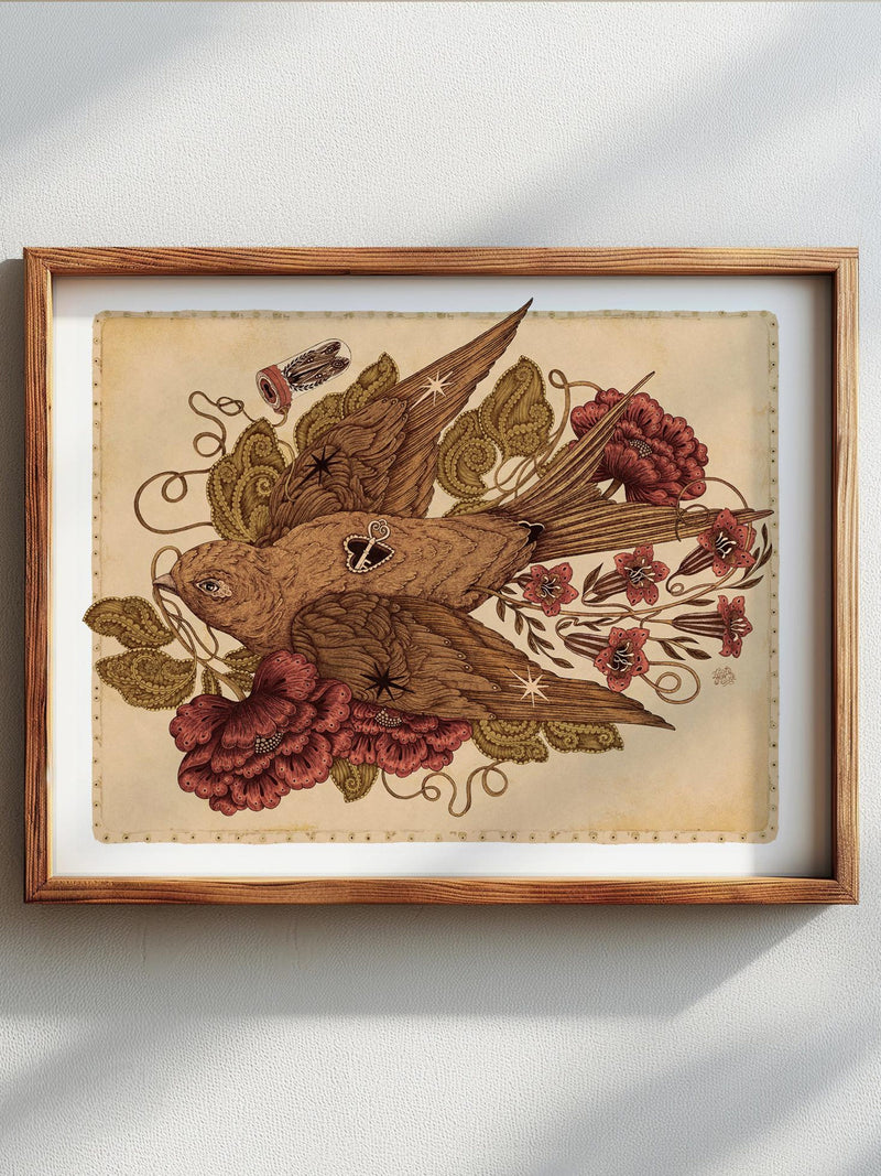 Vintage Swallow and flowers Art Print, Botanical Spring Wall Decor, Giclee Birder Gifts Love Romance Flower