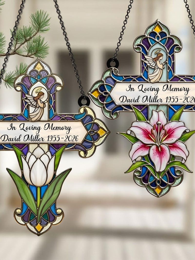 Personalized Flower Memorial Cross Suncatcher, Custom In Loving Memory Of Dad Gift, Mom Loss Gift Window Hanging, Bereavement Gift sympathy flower