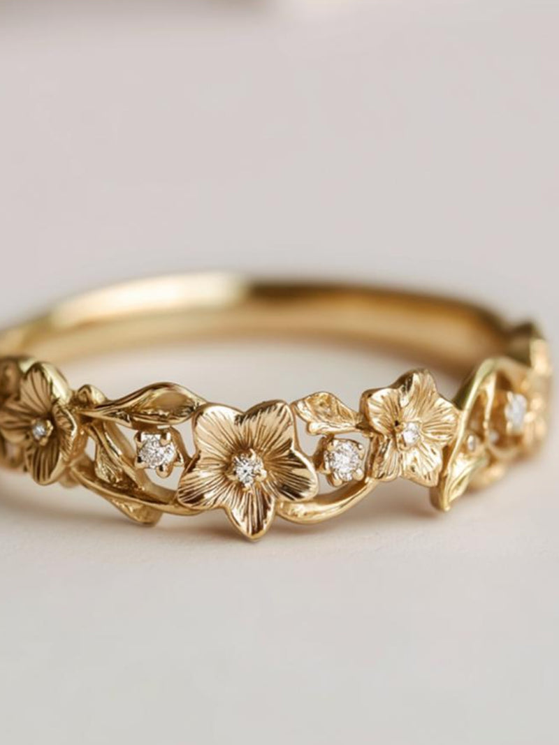 0.20 CT Natural Diamond Floral Wedding Band, Carved Flower Leaf Stacking Ring, 14k Gold Nature Inspired Fairycore Anniversary Gift for Her ANNIVERSARY