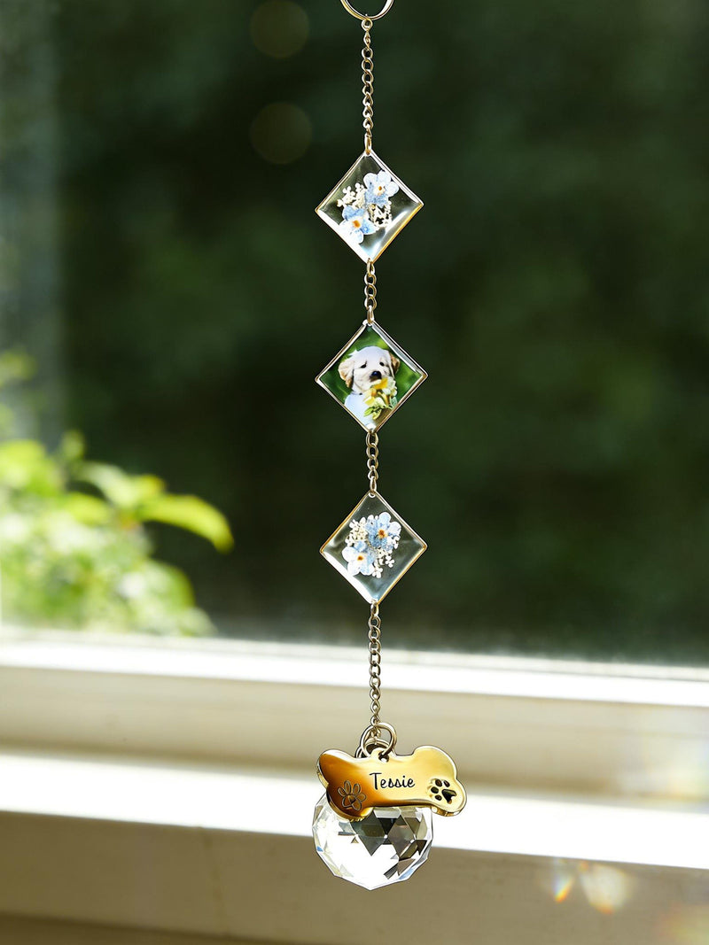 Custom Pet Photo Suncatcher, Forget-Me-Not Flowers, Rainbow Bridge Dog Memorial sympathy flower
