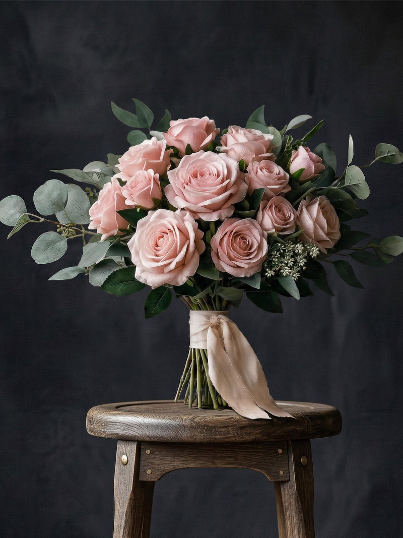 Blush Rose Artificial Bridal Bouquet, Faux Greenery Wedding Flowers, Silk Bridesmaid Bouquet Bouquet