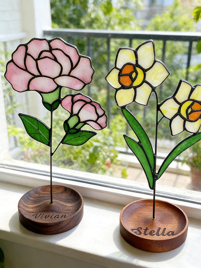 Personalized Stained Glass Birth Flower Plant Stake Handmade Suncatcher Custom Birth Month Mom/Grandma Mother Day Gift Birthday Garden Art birthday flower