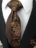 Brown Floral Silk Tie Pocket Square Cufflink Set silk flower
