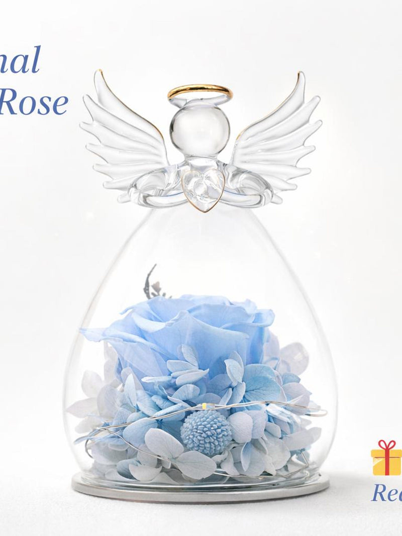 Preserved Blue Rose Angel Dome, Memorial Sympathy Gift, LED Light Keepsake sympathy flower